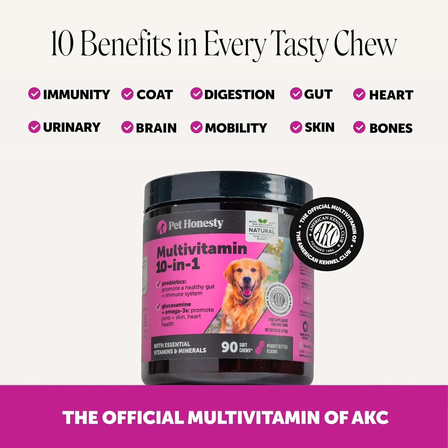 10-in-1 Dog Multivitamin Supplement with Glucosamine & Probiotics - Hip & Joint Support, Digestive Health, Immune Support, Heart & Skin - All-in-One Daily Vitamins & Omega-3s (Peanut Butter, 90 ct)