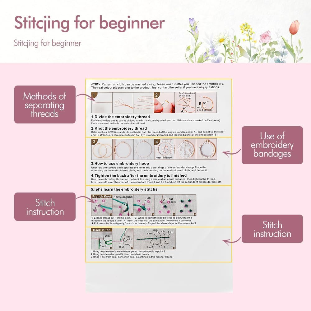 4 Pack Embroidery kit for Beginners Adults DIY Starter Kit, Cross Stitch Kits with Flower Stamped Patterns, Embroidery Hoop, Tools,Colorful Threads,Step by Step Instructions,Hand Craft Lover Gift image 2