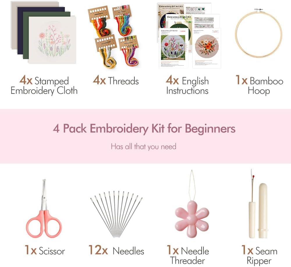 4 Pack Embroidery kit for Beginners Adults DIY Starter Kit, Cross Stitch Kits with Flower Stamped Patterns, Embroidery Hoop, Tools,Colorful Threads,Step by Step Instructions,Hand Craft Lover Gift image 4