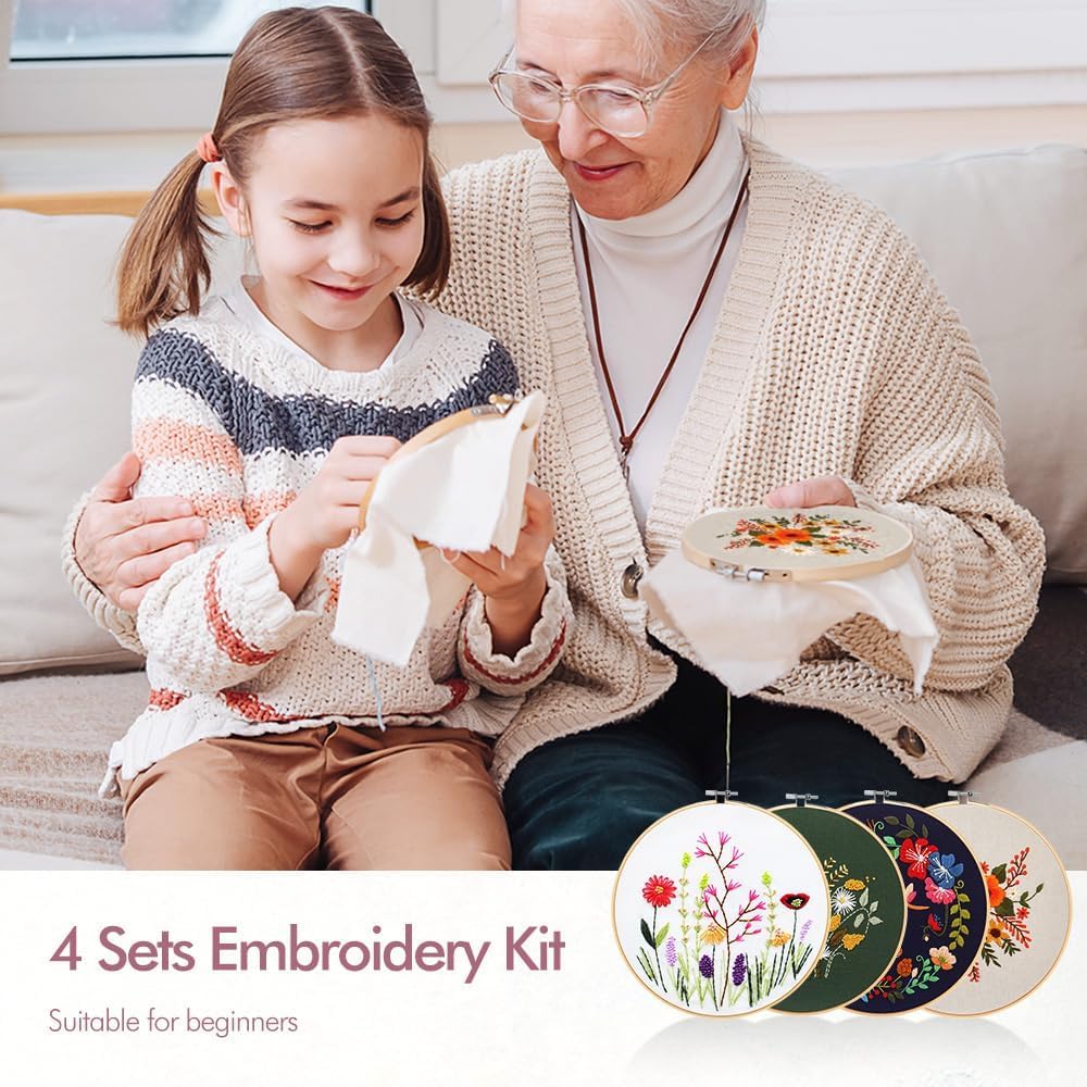 4 Pack Embroidery kit for Beginners Adults DIY Starter Kit, Cross Stitch Kits with Flower Stamped Patterns, Embroidery Hoop, Tools,Colorful Threads,Step by Step Instructions,Hand Craft Lover Gift image 5