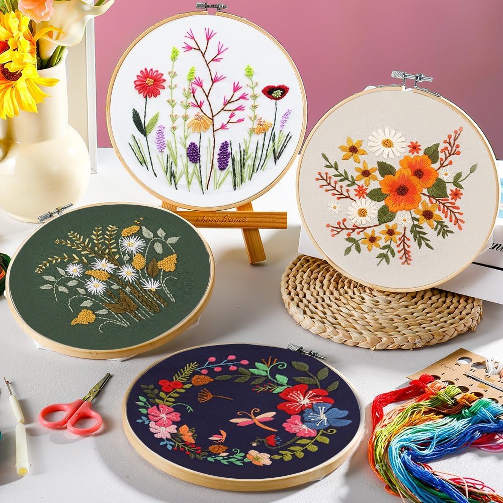 4 Pack Embroidery kit for Beginners Adults DIY Starter Kit, Cross Stitch Kits with Flower Stamped Patterns, Embroidery Hoop, Tools,Colorful Threads,Step by Step Instructions,Hand Craft Lover Gift image 6