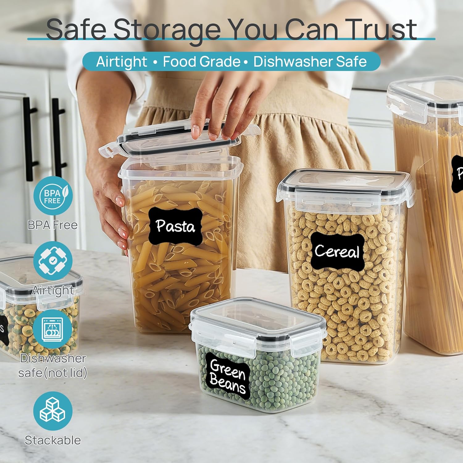 Airtight Food Storage Containers with Lids, Vtopmart 24 pcs Plastic Kitchen and Pantry Organization Canisters for Cereal, Dry Food, Flour and Sugar, BPA Free, Includes 24 Labels，Black image 4
