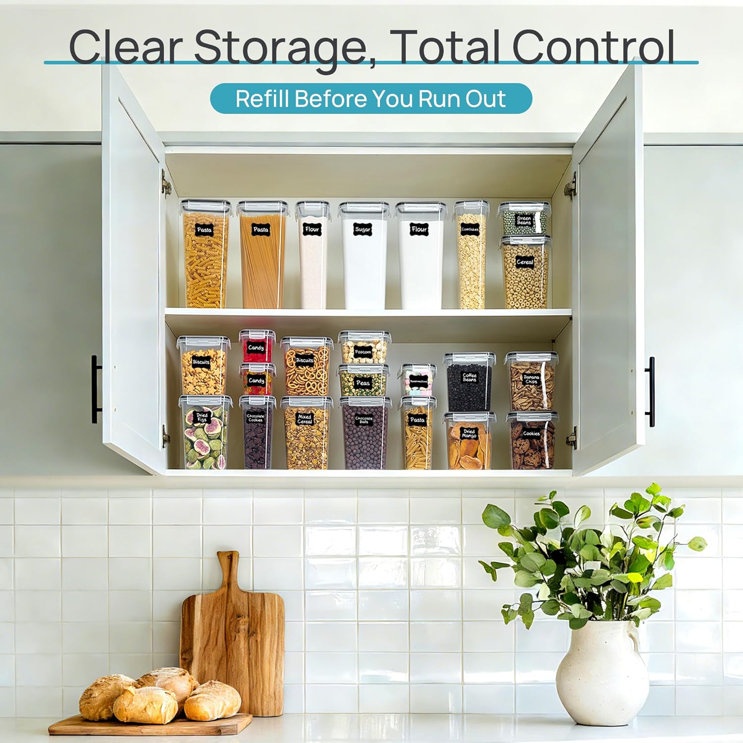 Airtight Food Storage Containers with Lids, Vtopmart 24 pcs Plastic Kitchen and Pantry Organization Canisters for Cereal, Dry Food, Flour and Sugar, BPA Free, Includes 24 Labels，Black image 7