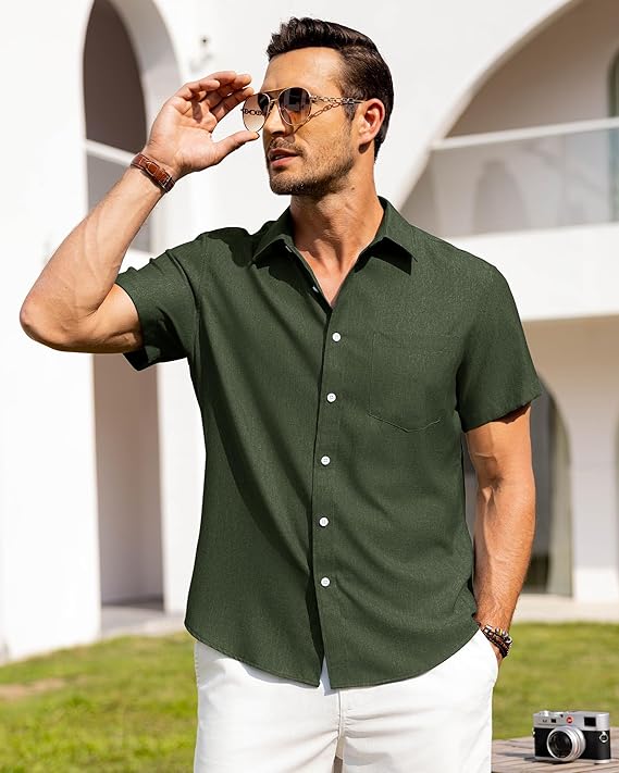 Alimens & Gentle Mens Linen Shirts Short Sleeve Button Down Shirts Wrinkle Free Casual Vacation Beach Summer Tops image 2