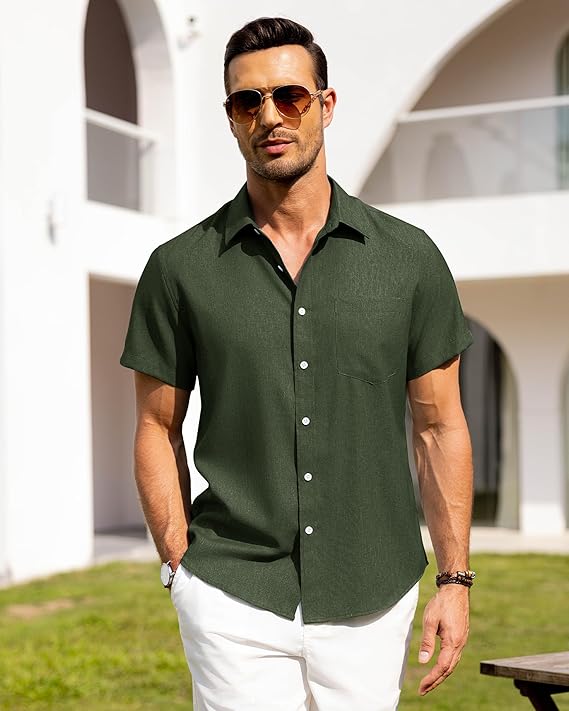 Alimens & Gentle Mens Linen Shirts Short Sleeve Button Down Shirts Wrinkle Free Casual Vacation Beach Summer Tops image 3