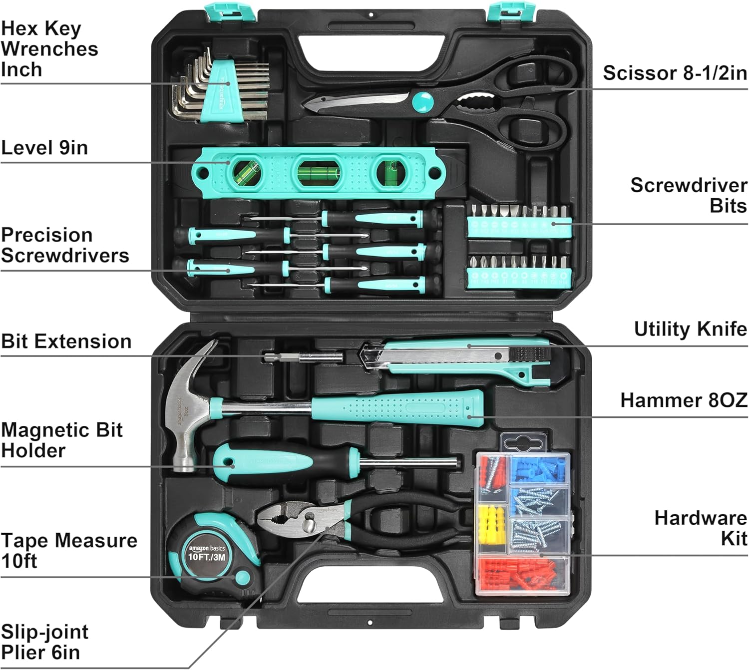 Amazon Basics 142-Piece Household Tool Kit for Home Repair, Hand Tools with Storage Case, 13.39 x 9.25 x 2.95 inch, Turquoise image 3