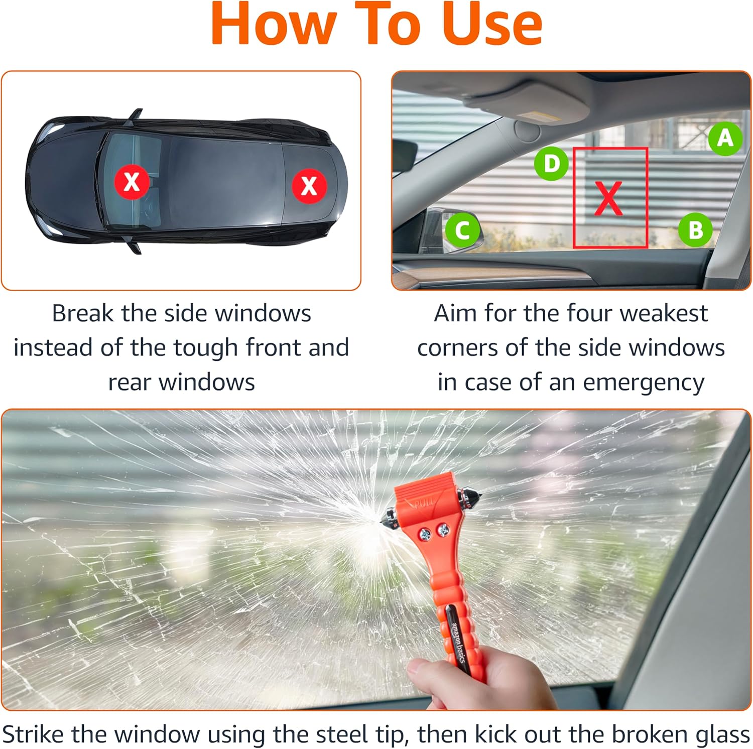 Amazon Basics Emergency Escape Tool, Window Breaker and Seatbelt Cutter, Car Safety Hammer with Protective Bracket, Bright Orange, 2 Pack, SW-835 image 3