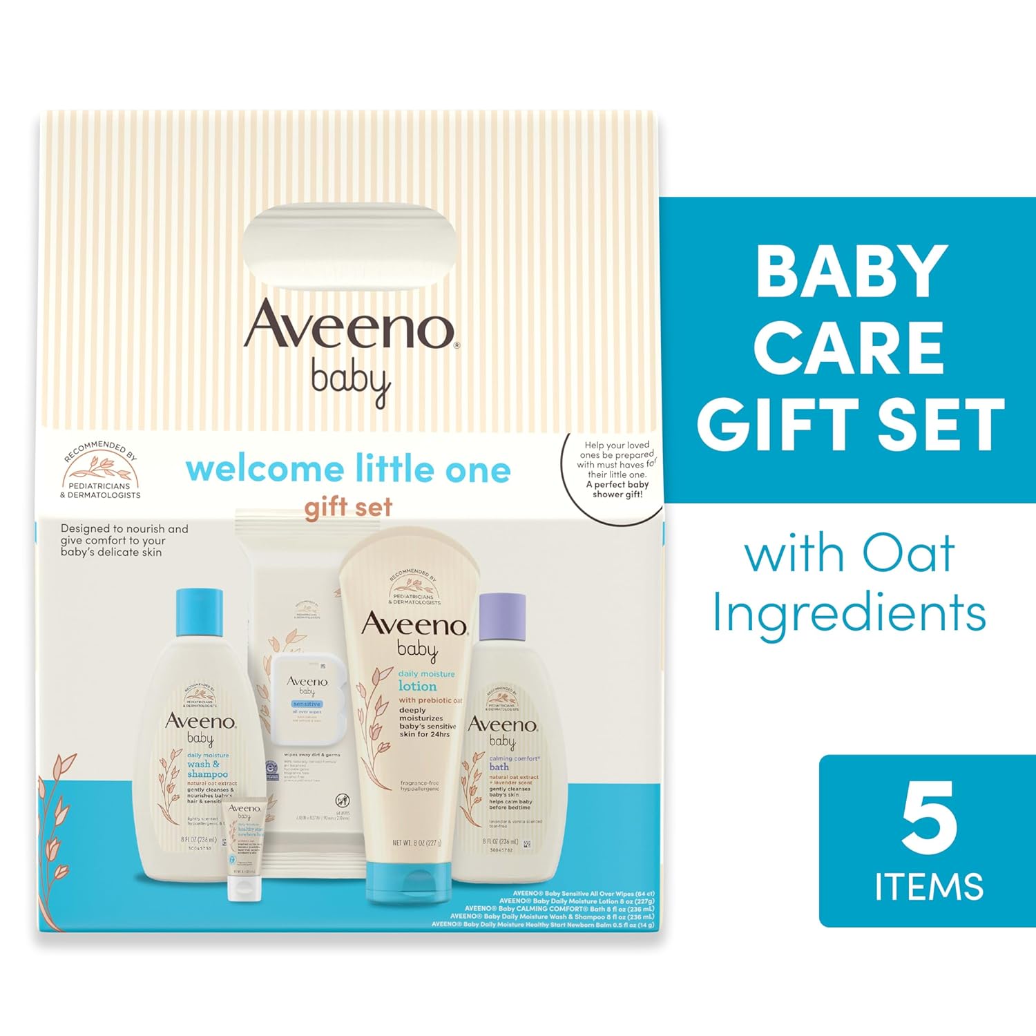 Aveeno Baby Welcome Little One Gift Set, Skincare Set with Nourishing Body Wash & Shampoo, Calming Bath Wash, All Over Wipes, Daily Moisturizing Lotion, & Balm, 5 Items image 2
