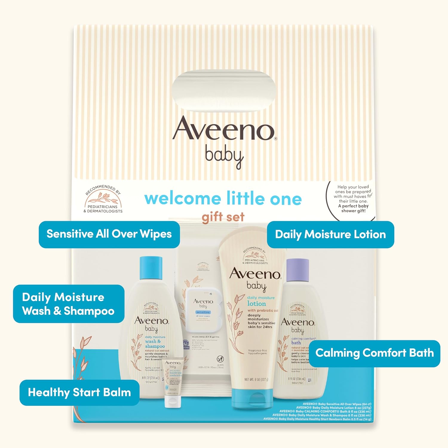 Aveeno Baby Welcome Little One Gift Set, Skincare Set with Nourishing Body Wash & Shampoo, Calming Bath Wash, All Over Wipes, Daily Moisturizing Lotion, & Balm, 5 Items image 4