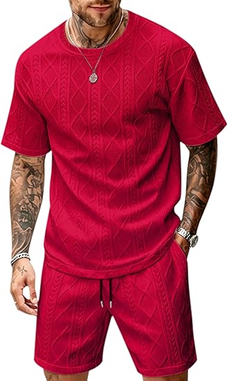 Babioboa Men's 2 Piece Outfits Textured Short Sets Casual Short Sleeve T Shirt and Shorts Summer Tracksuit Off-Duty Set