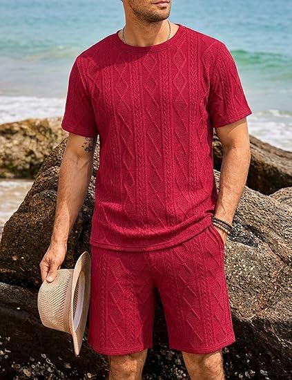 Babioboa Men's 2 Piece Outfits Textured Short Sets Casual Short Sleeve T Shirt and Shorts Summer Tracksuit Off-Duty Set image 3