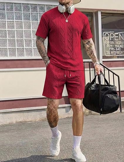 Babioboa Men's 2 Piece Outfits Textured Short Sets Casual Short Sleeve T Shirt and Shorts Summer Tracksuit Off-Duty Set image 4