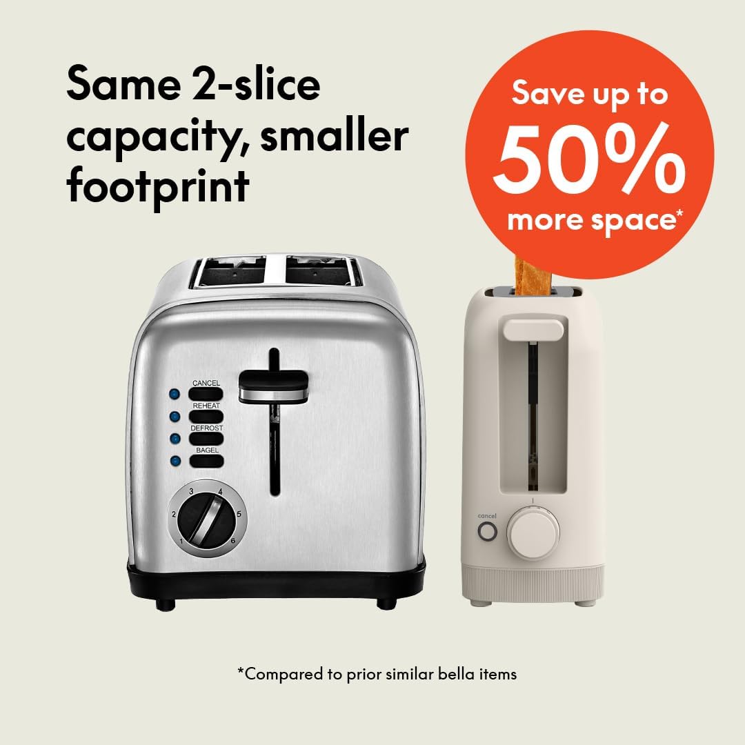 bella 2 Slice Slim Toaster, Fits-anywhere™ Kitchenware, 6 Setting Shade Control with Reheat & Cancel Buttons, Fits sourdough, 10” Long Slot, Anti Jam & Auto Shutoff, 900 Watt, Oatmilk image 2
