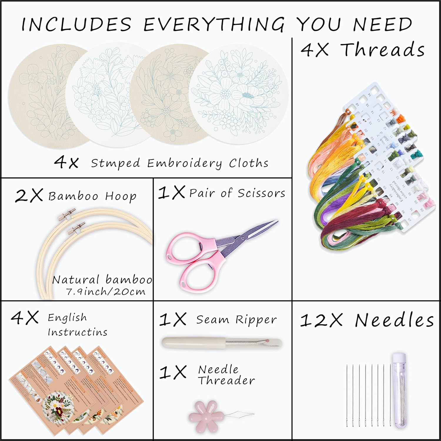 Bonroy 4 Sets Embroidery Set for Beginners Art Crafts Easy Sewing Includes Embroidery Clothes with Pattern, Hoop, Instruction Manual, Color Stitch Set (Assorted 1) image 2
