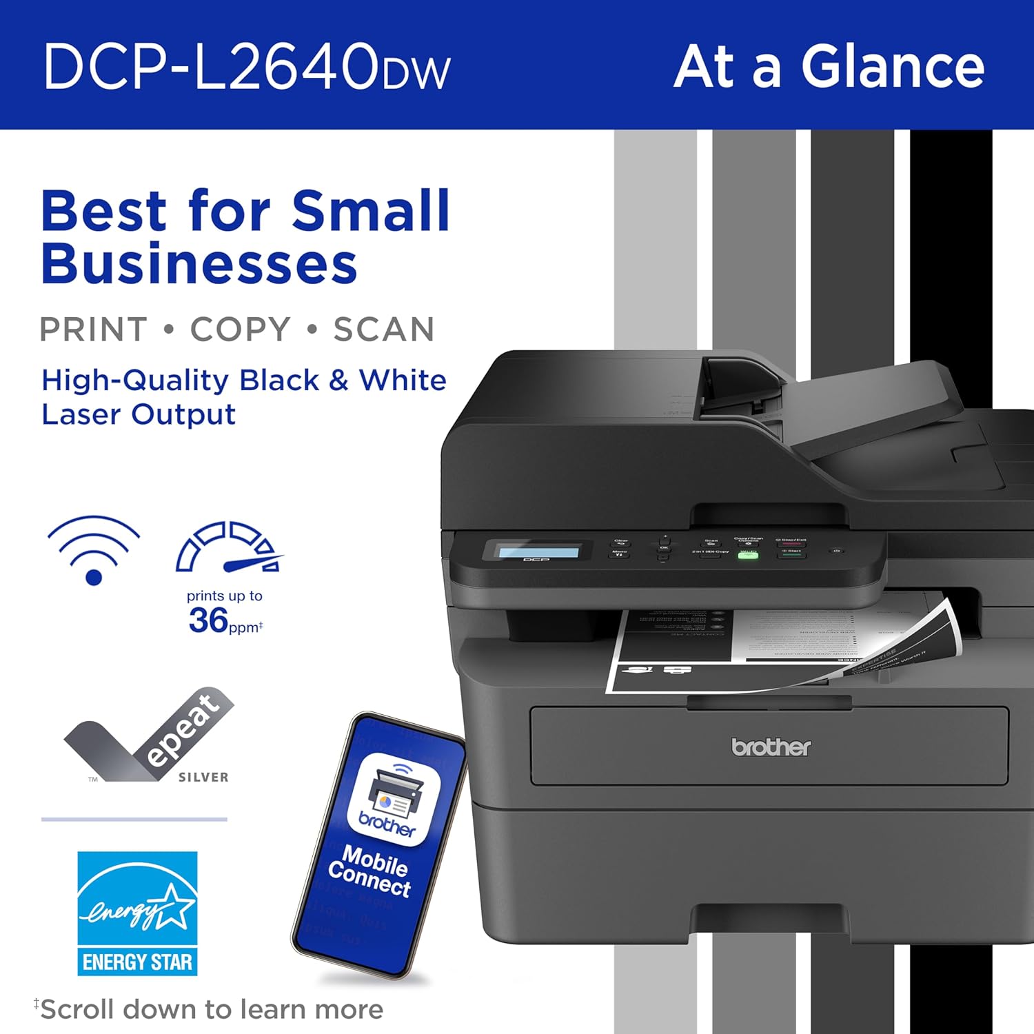 Brother DCP-L2640DW Wireless Compact Monochrome Multi-Function Laser Printer with Copy and Scan, Duplex, Mobile, Black & White | Includes Refresh Subscription Trial(1), Works with Alexa | 36 Ppm, 50-Page Adf, 250-Sheet Tray, Automatic Duplex, Dual-Band WI image 2