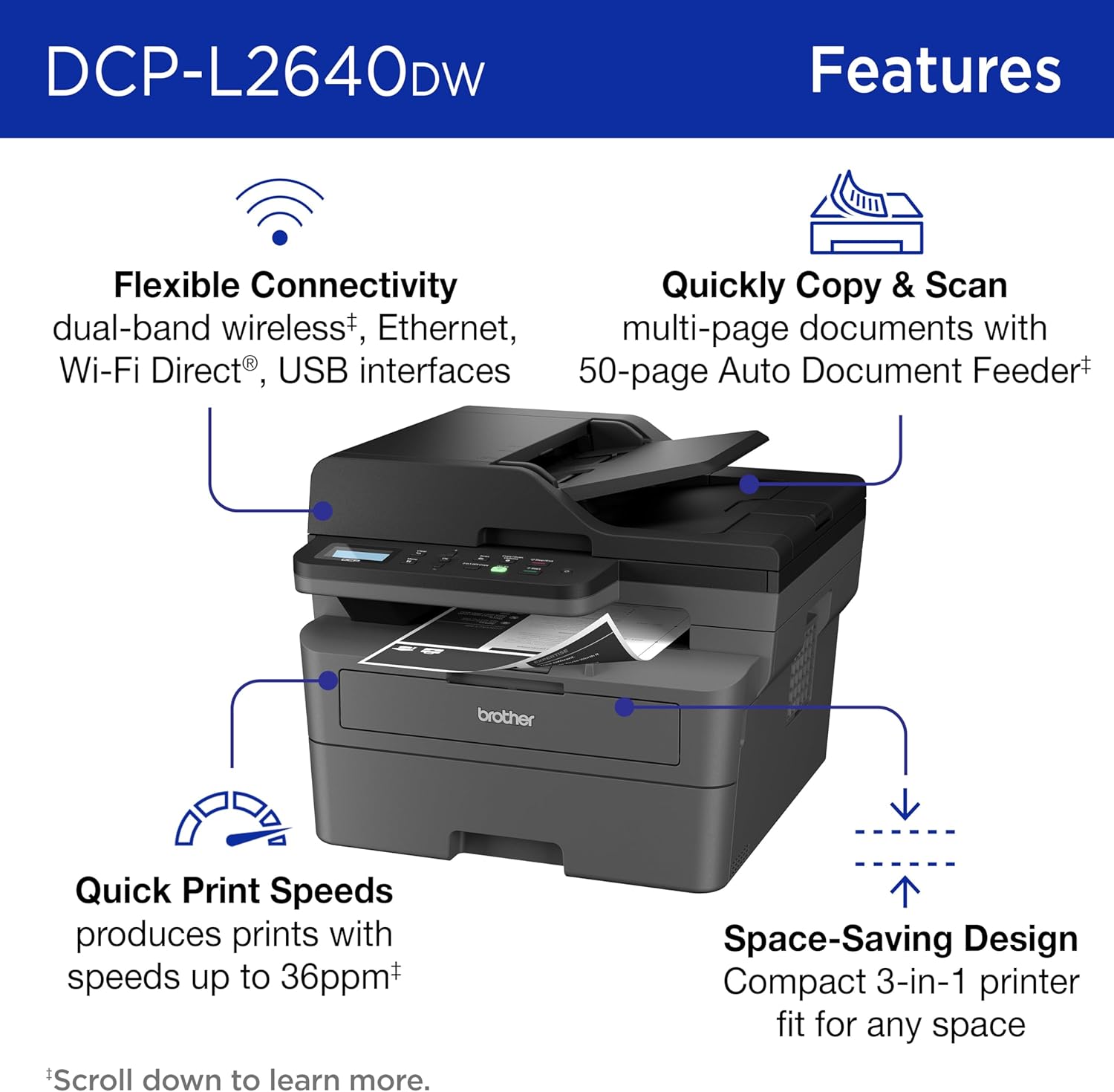 Brother DCP-L2640DW Wireless Compact Monochrome Multi-Function Laser Printer with Copy and Scan, Duplex, Mobile, Black & White | Includes Refresh Subscription Trial(1), Works with Alexa | 36 Ppm, 50-Page Adf, 250-Sheet Tray, Automatic Duplex, Dual-Band WI image 3