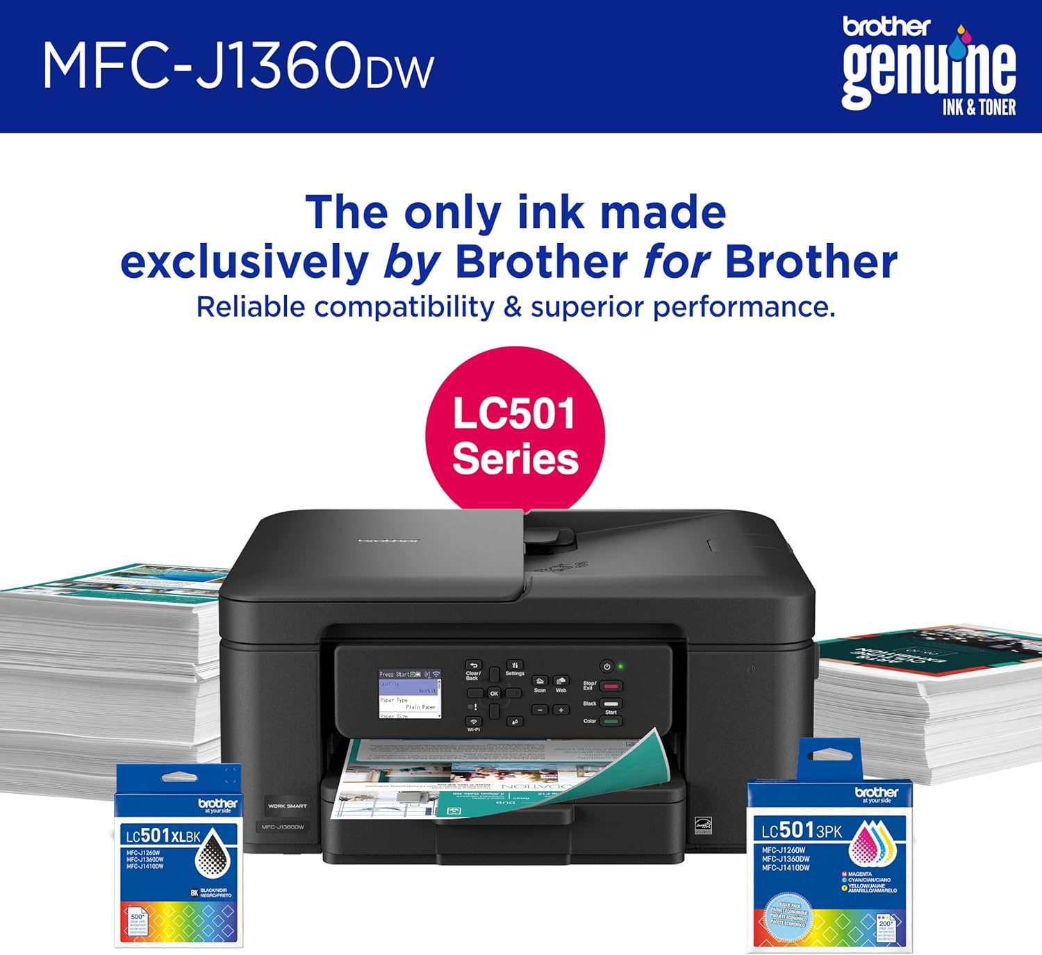 Brother Work Smart 1360 Wireless Color Inkjet All-in-One Printer with Automatic Duplex Printing and 1.8” Color Display | Includes Refresh Subscription Trial(1) (MFC-J1360DW) (Uses LC501 Series Inks) | Verified Features: Wireless and USB-B Connectivity, Pr image 2