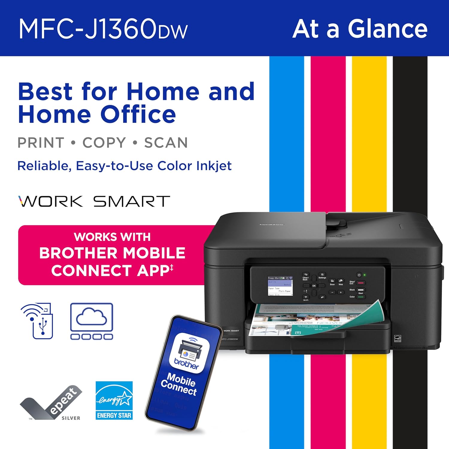 Brother Work Smart 1360 Wireless Color Inkjet All-in-One Printer with Automatic Duplex Printing and 1.8” Color Display | Includes Refresh Subscription Trial(1) (MFC-J1360DW) (Uses LC501 Series Inks) | Verified Features: Wireless and USB-B Connectivity, Pr image 3