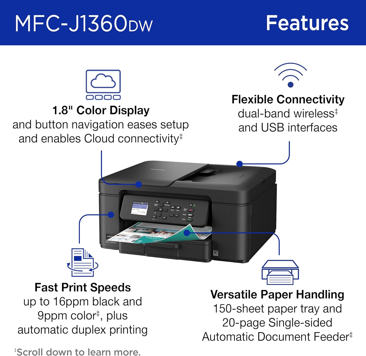 Brother Work Smart 1360 Wireless Color Inkjet All-in-One Printer with Automatic Duplex Printing and 1.8” Color Display | Includes Refresh Subscription Trial(1) (MFC-J1360DW) (Uses LC501 Series Inks) | Verified Features: Wireless and USB-B Connectivity, Pr image 4