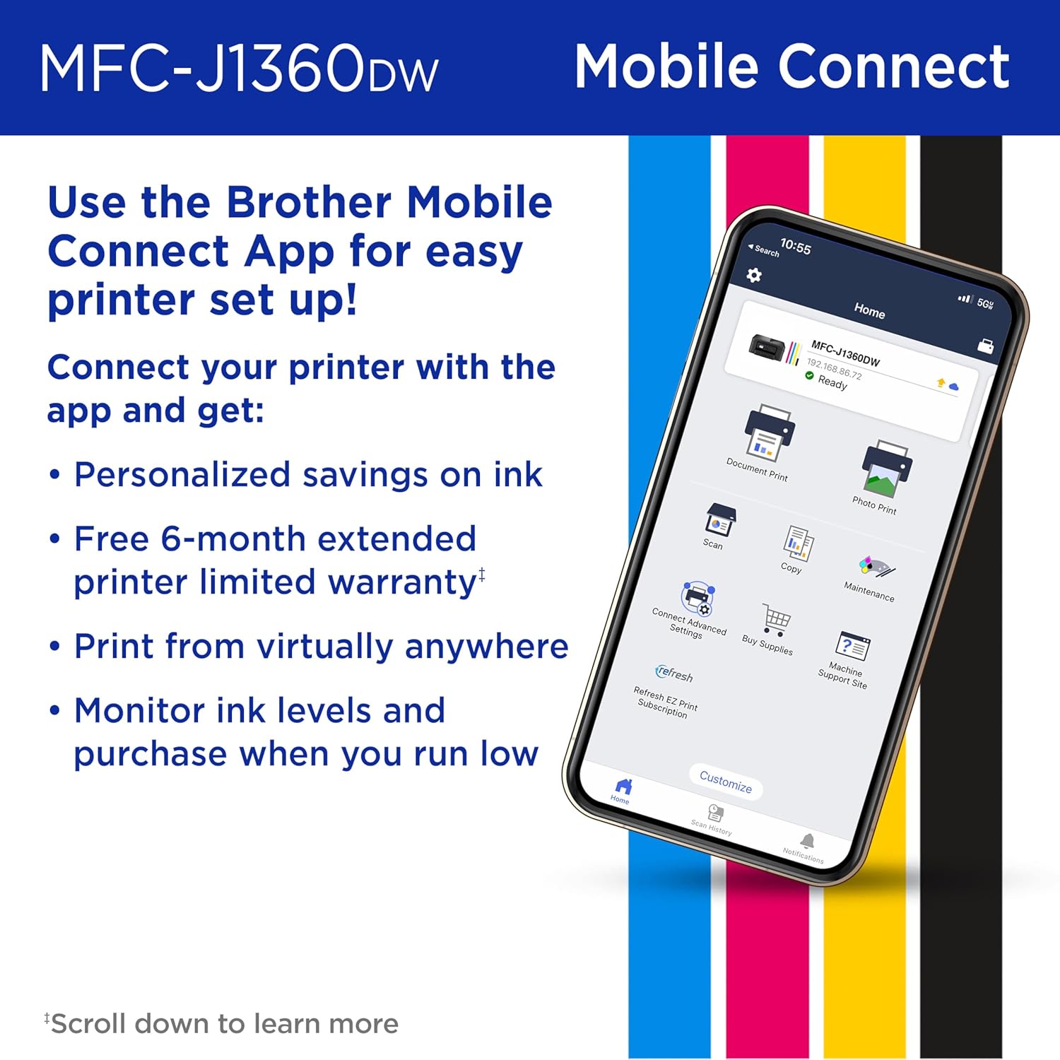 Brother Work Smart 1360 Wireless Color Inkjet All-in-One Printer with Automatic Duplex Printing and 1.8” Color Display | Includes Refresh Subscription Trial(1) (MFC-J1360DW) (Uses LC501 Series Inks) | Verified Features: Wireless and USB-B Connectivity, Pr image 5
