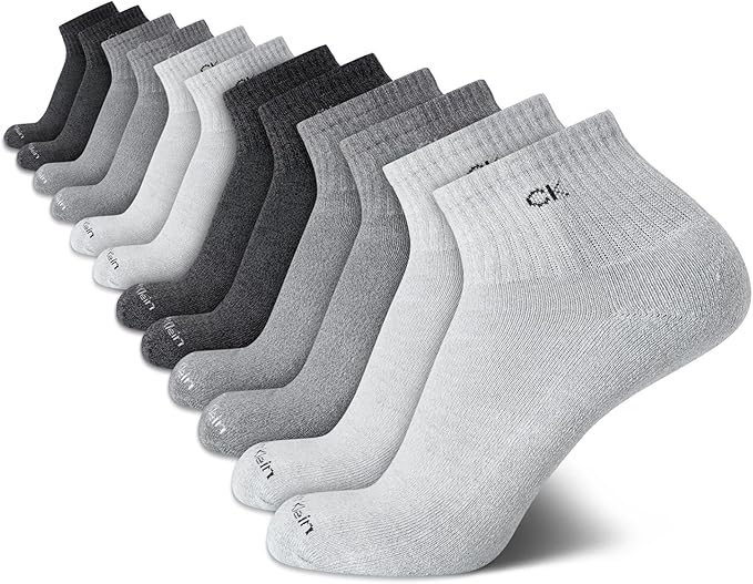 Calvin Klein Mens Quarter Socks - 12 Pack Soft Cushioned Stretch Performance Breathable Quarter Cut Athletic Socks for Men