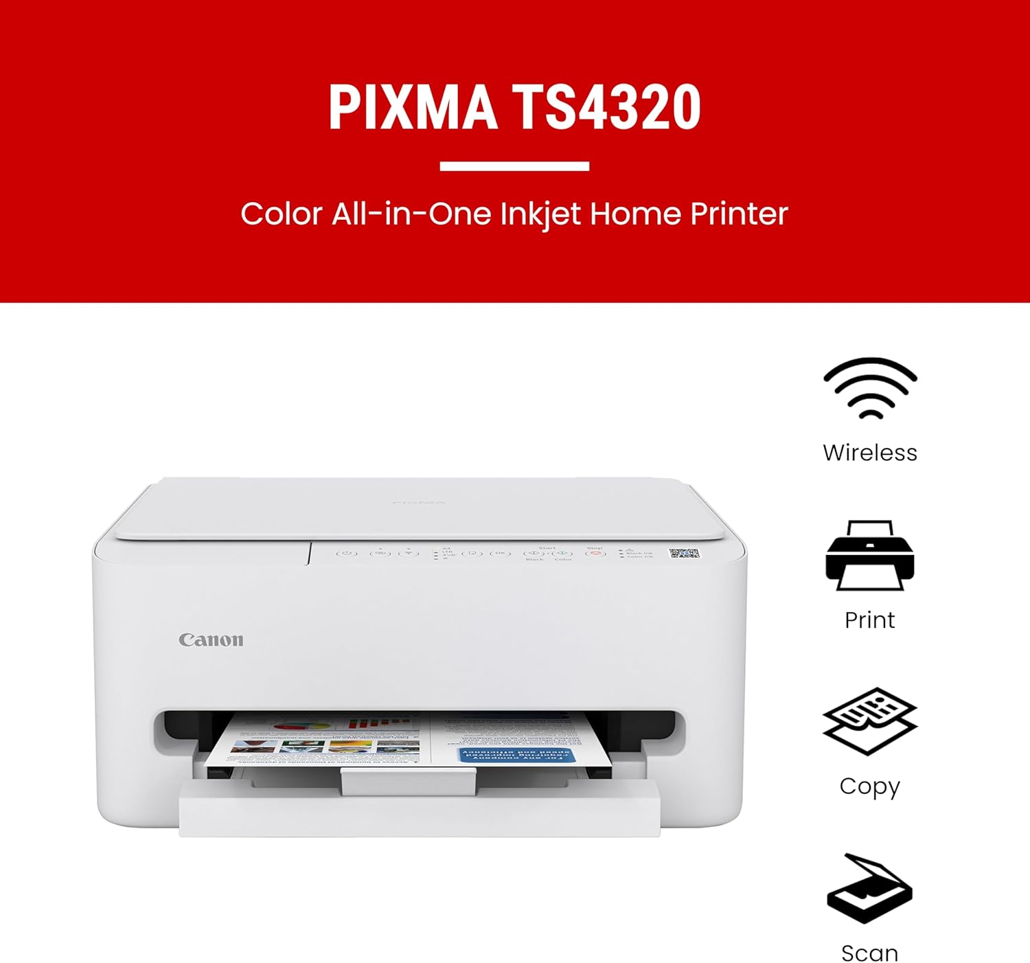 Canon PIXMA TS4320 Wireless Color Inkjet Printer for Duplex Printing, White Home Printer with Copier/Scanner, Compact Design, Easy Setup, 1 Year Limited Warranty image 2