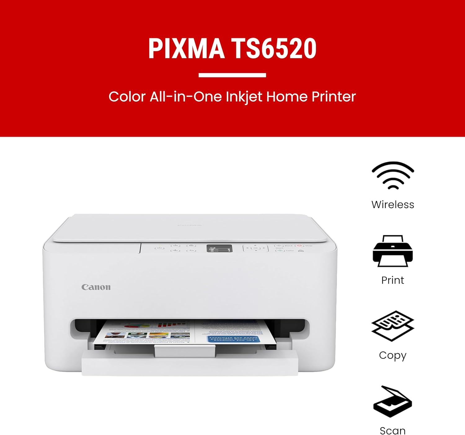 Canon PIXMA TS6520 Wireless Color Inkjet Printer Duplex Printing, White – Home Printer with Copier/Scanner, 1.42” OLED Display, Intuitive Control Panel, Compact Design | Auto 2-Sided, 1.42 OLED, WI-FI and Airprint and Mopria, 1200x1200 Dpi, 100-Sheet Tray image 2