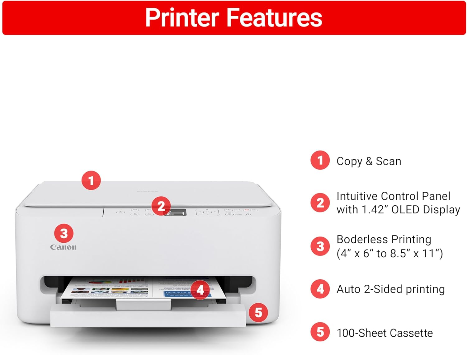 Canon PIXMA TS6520 Wireless Color Inkjet Printer Duplex Printing, White – Home Printer with Copier/Scanner, 1.42” OLED Display, Intuitive Control Panel, Compact Design | Auto 2-Sided, 1.42 OLED, WI-FI and Airprint and Mopria, 1200x1200 Dpi, 100-Sheet Tray image 3