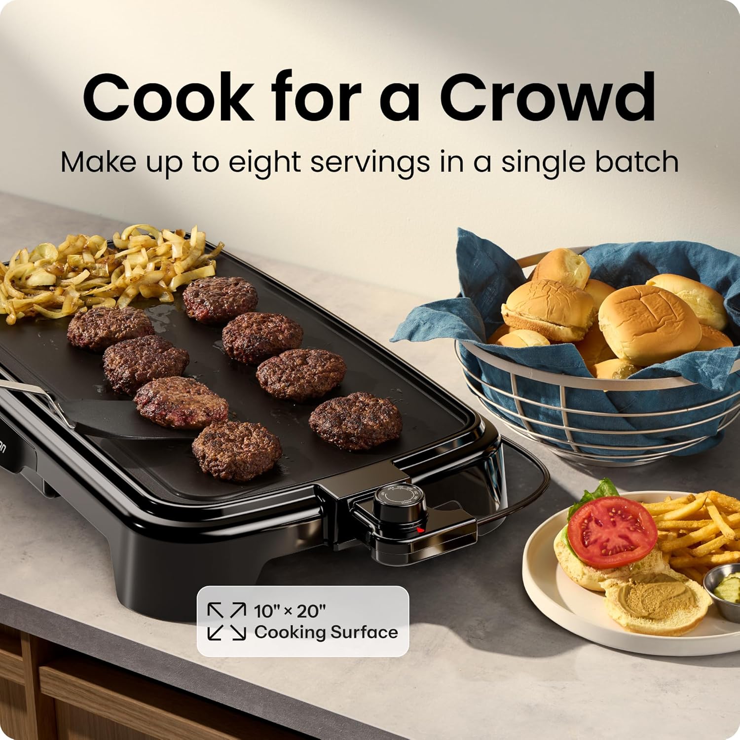 Chefman XL Electric Griddle with Removable Temperature Control, Immersible Flat Top Grill, Burger, Eggs, Pancake Griddle, Nonstick Extra Large Cooking Surface, Slide Out Drip Tray, 10 x 20 Inch image 2