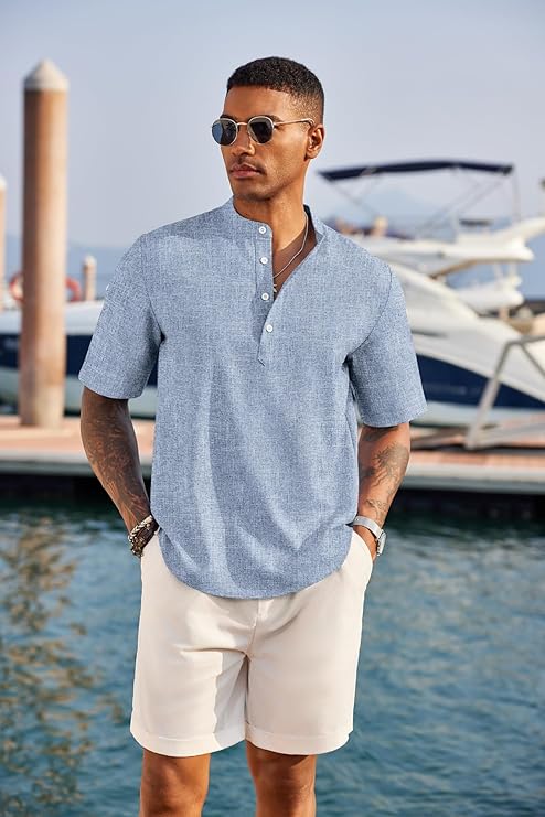 COOFANDY Men's Casual Henley Shirt Short Sleeve Band Collar Linen Shirt Summer Beach Hippie T-Shirts image 2