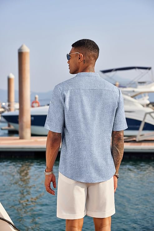 COOFANDY Men's Casual Henley Shirt Short Sleeve Band Collar Linen Shirt Summer Beach Hippie T-Shirts image 3