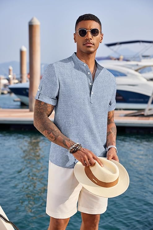 COOFANDY Men's Casual Henley Shirt Short Sleeve Band Collar Linen Shirt Summer Beach Hippie T-Shirts image 4