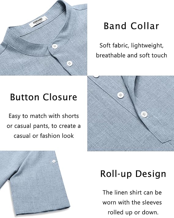 COOFANDY Men's Casual Henley Shirt Short Sleeve Band Collar Linen Shirt Summer Beach Hippie T-Shirts image 5