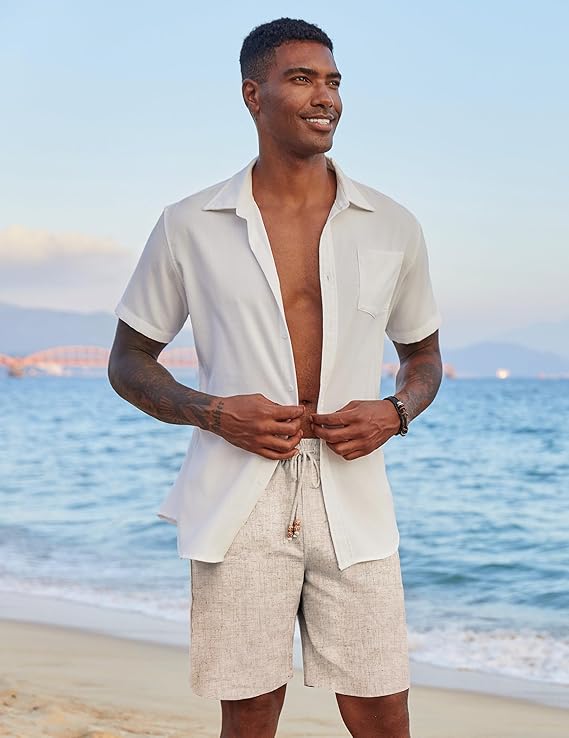 COOFANDY Mens Casual Linen Shorts Elastic Waist Drawstring Loose Fit Summer Beach Vacation Shorts with Pockets image 3