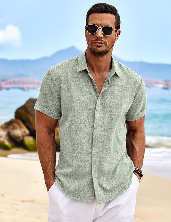COOFANDY Men's Linen Shirts Short Sleeve Casual Shirts Button Down Shirt for Men Beach Summer Wedding Shirt image 2
