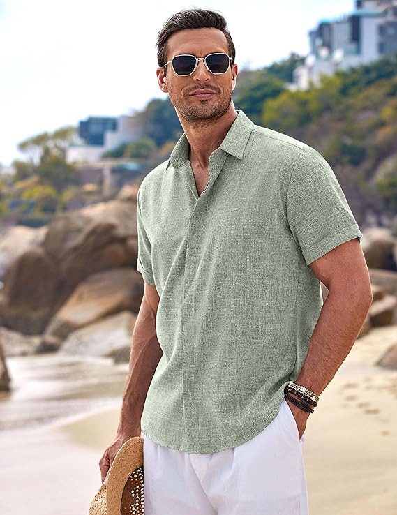 COOFANDY Men's Linen Shirts Short Sleeve Casual Shirts Button Down Shirt for Men Beach Summer Wedding Shirt image 3