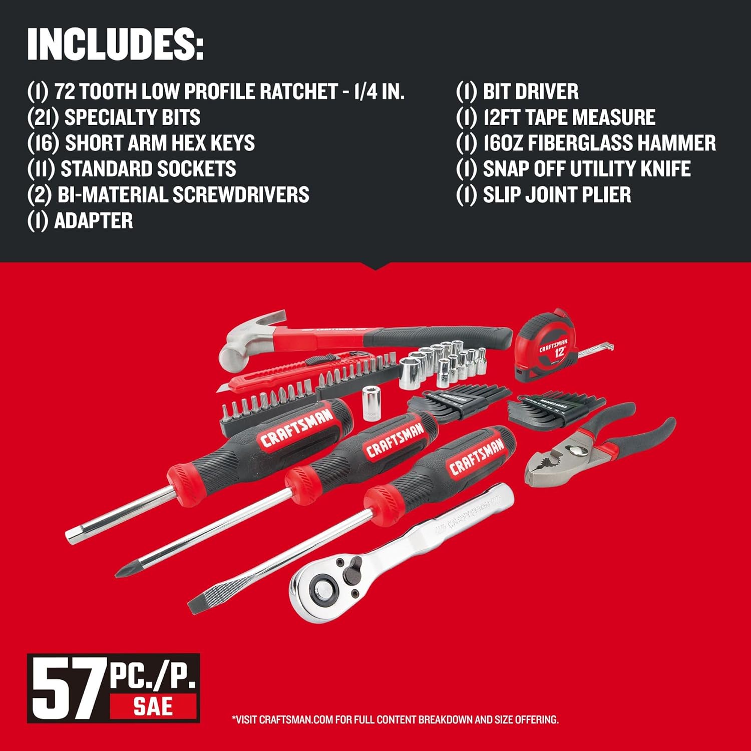 CRAFTSMAN 57 Piece Mechanics Tool Set Home Tool Set, Sockets, Ratchet, Screwdrivers, Hammer, Pliers, Hex Keys, Specialty Bits Hand Tools (CMMT99447) image 3