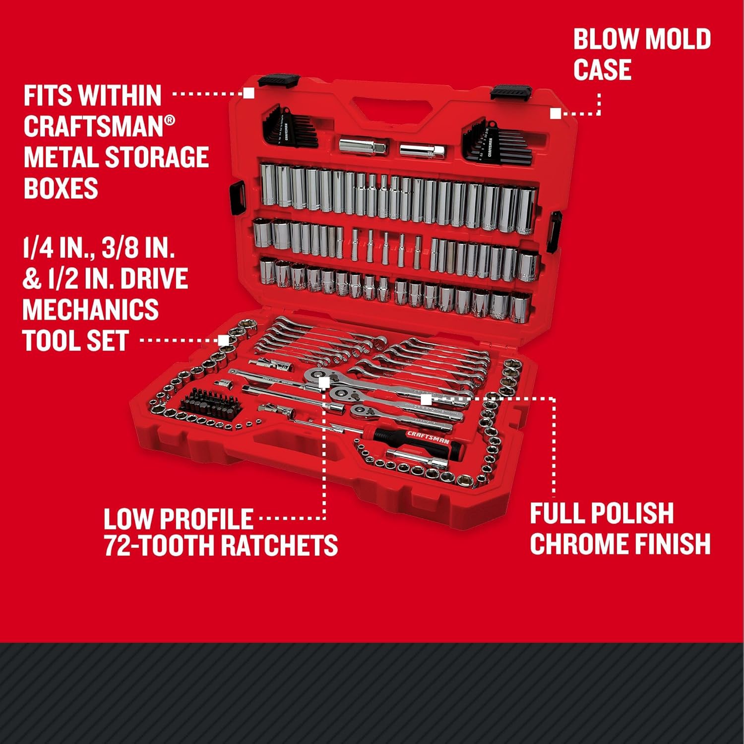 CRAFTSMAN Mechanic Tool Set 189 Pcs, 1/4, 3/8, 1/2 Socket Set with 72 Tooth Low Profile Ratchet, Steel 6 and 12 point Sockets, Wrenches, Hex Keys, Deep Sockets, Bits, Metric and SAE (CMMT12134) image 2