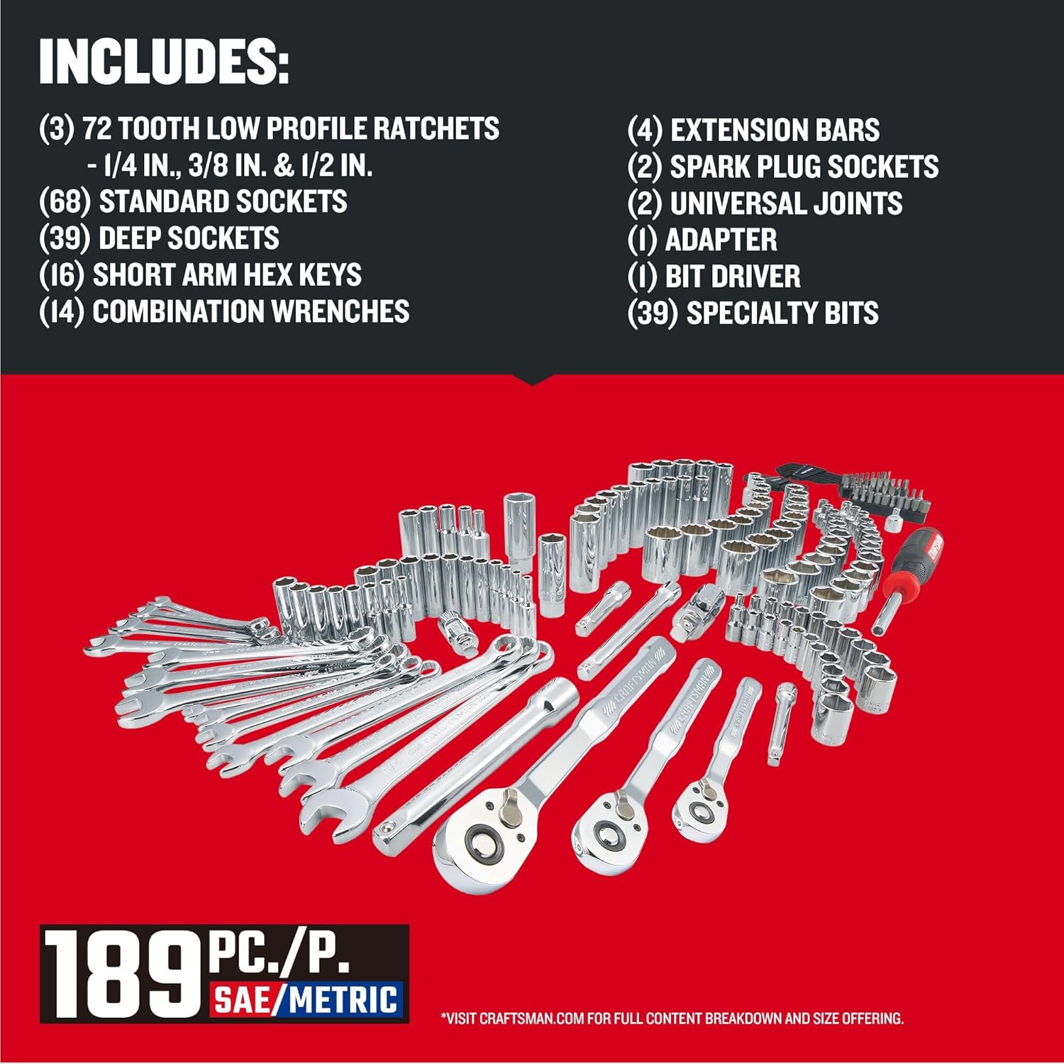 CRAFTSMAN Mechanic Tool Set 189 Pcs, 1/4, 3/8, 1/2 Socket Set with 72 Tooth Low Profile Ratchet, Steel 6 and 12 point Sockets, Wrenches, Hex Keys, Deep Sockets, Bits, Metric and SAE (CMMT12134) image 3