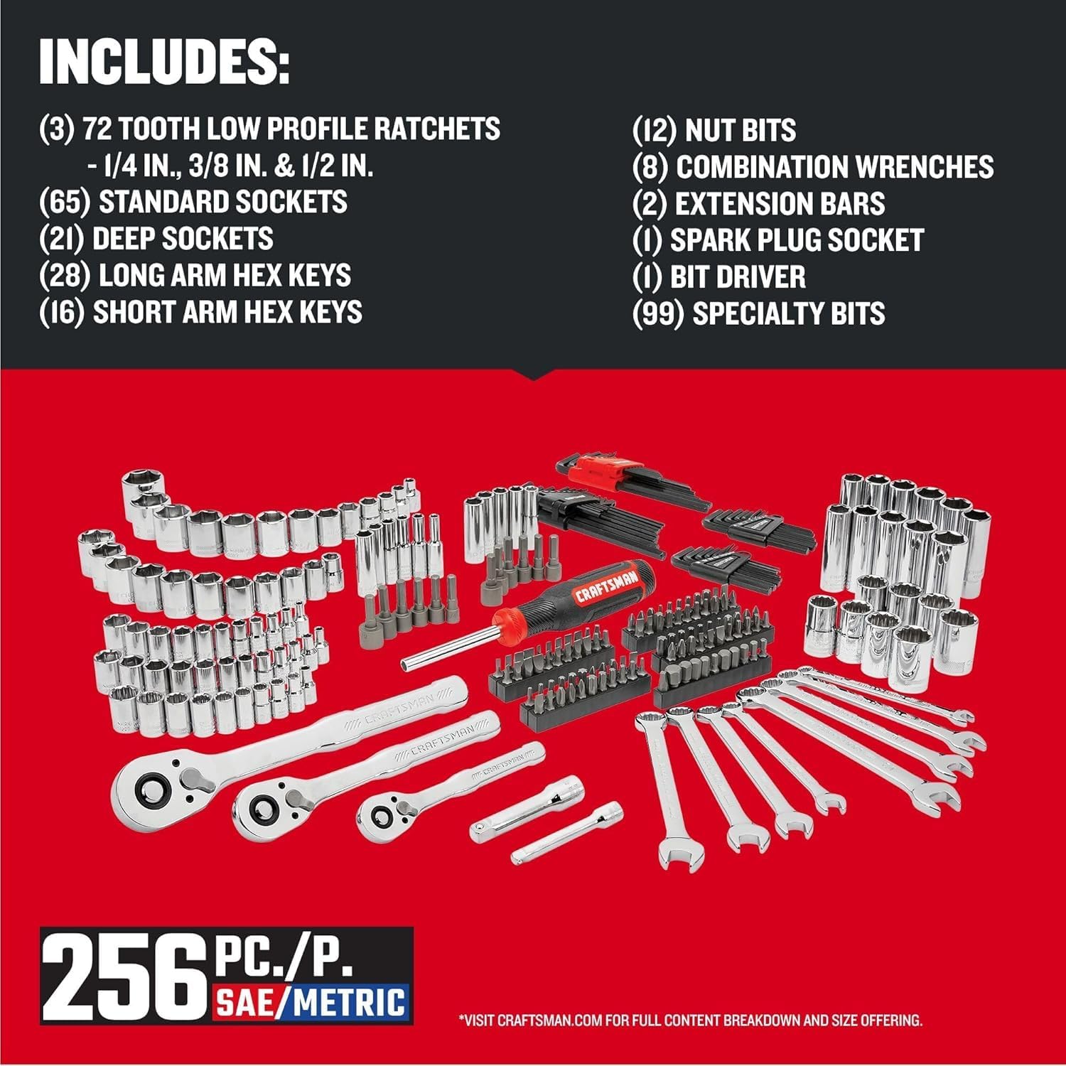CRAFTSMAN Mechanics Tool Set, 256-Piece Hand Tool and Socket Set with 72-tooth Low Profile Ratchet and 2-Drawer Tool Box (CMMT45256) image 2