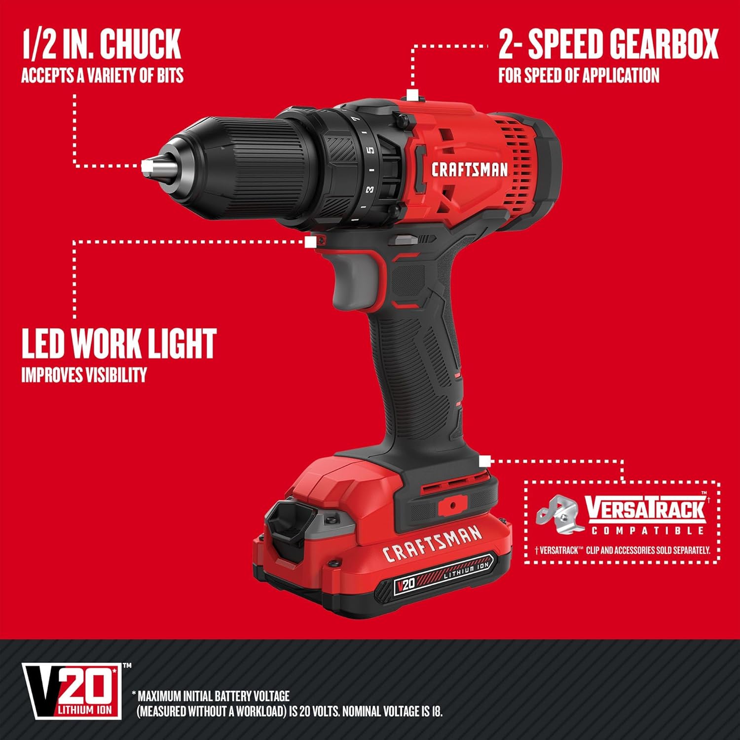 CRAFTSMAN V20 MAX Cordless Drill Driver and Impact Driver Set, Power Tool Set with 2 Batteries and Charger, LED Work Light, 2 Bits, Bag (CMCK200C2) image 3