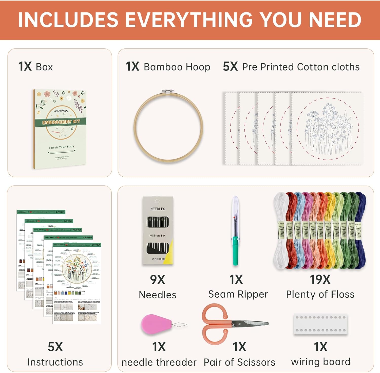 CYANFOUR 5 Pack Beginner Embroidery Kit for Adults, Easy to Learn Floral Embroidery Patterns from Video & Instruction, Needlepoint Kits for Adults Include Embroidery Hoop, Colorful Threads, Tools image 2