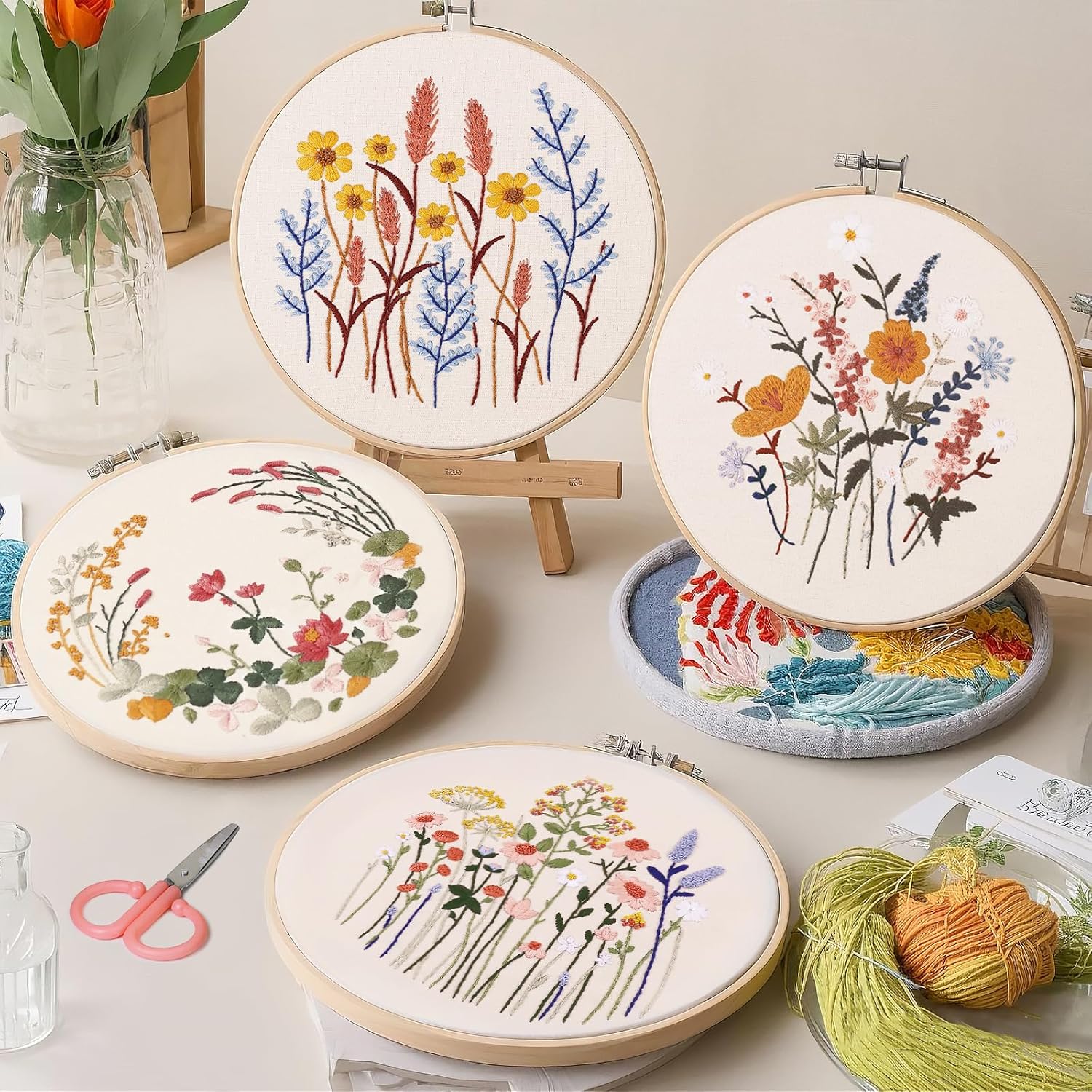 CYANFOUR 5 Pack Beginner Embroidery Kit for Adults, Easy to Learn Floral Embroidery Patterns from Video & Instruction, Needlepoint Kits for Adults Include Embroidery Hoop, Colorful Threads, Tools image 4