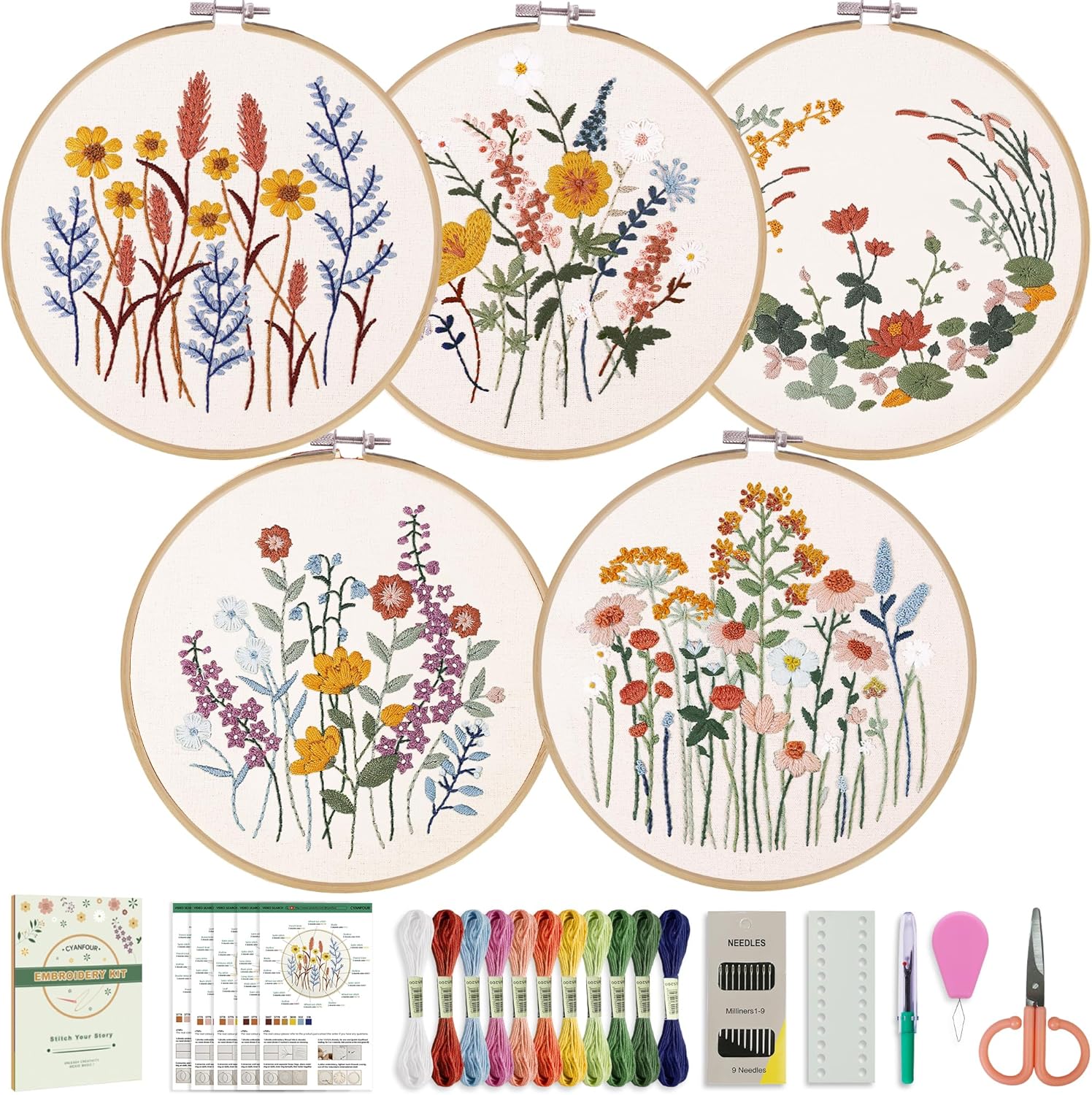 CYANFOUR Embroidery Kit for Beginners, 4 Stages to Learn 38 Stitches, with Step-By-Step Instructions and Clear Videos, Includes Multiple Accessories, Gift for Craft Lovers