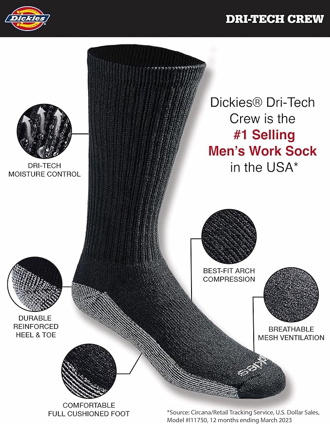 Dickies Men's Dri-tech Original Moisture Control Crew Socks, Available in M-xxl (6, 12, 18 Pairs) image 3