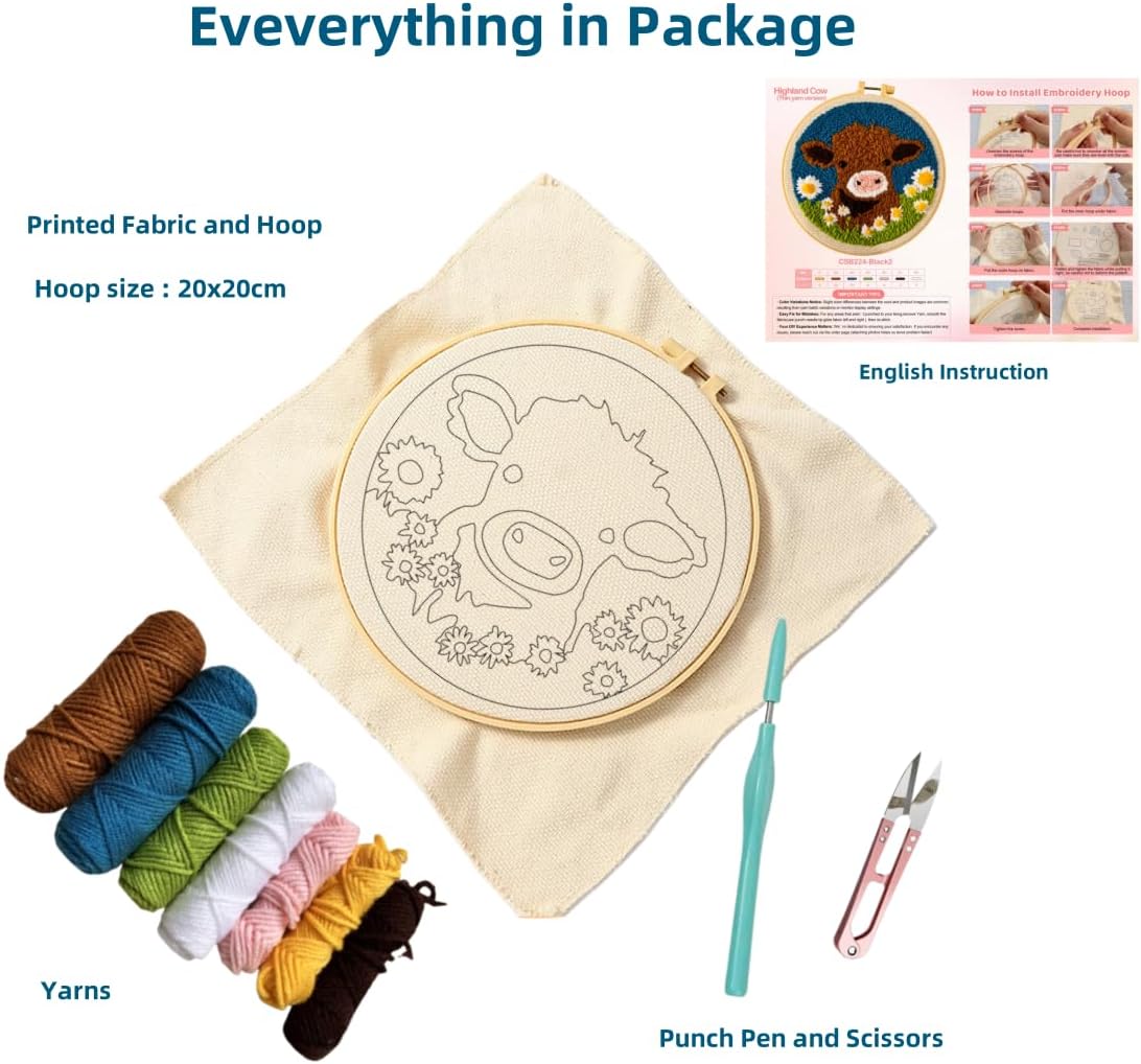 DIY Punch Needle Kits for Beginners Cute Cartoon Highland Cow with Daisy Flower with Hoop Embroidery Punch Needle Starter Craft Set Easy for Adults and Children Festival Gift and Decoration 20x20cm-1 image 2