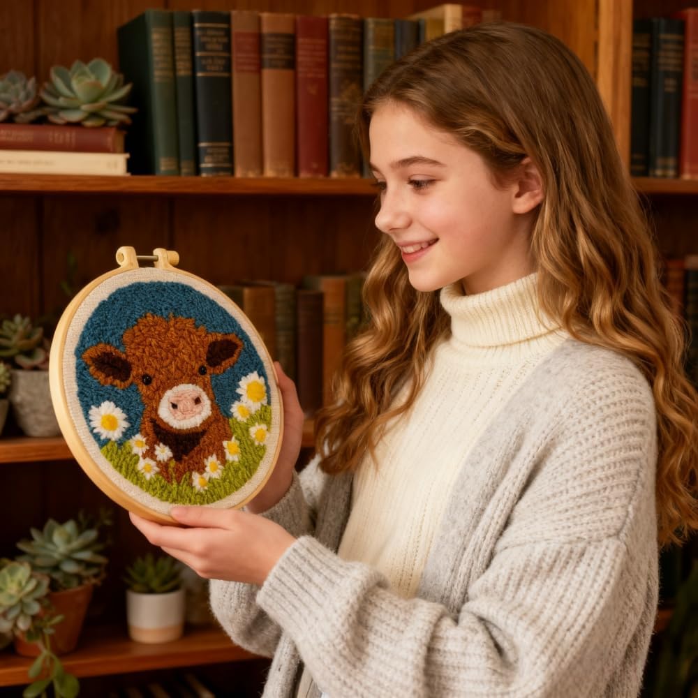 DIY Punch Needle Kits for Beginners Cute Cartoon Highland Cow with Daisy Flower with Hoop Embroidery Punch Needle Starter Craft Set Easy for Adults and Children Festival Gift and Decoration 20x20cm-1 image 4
