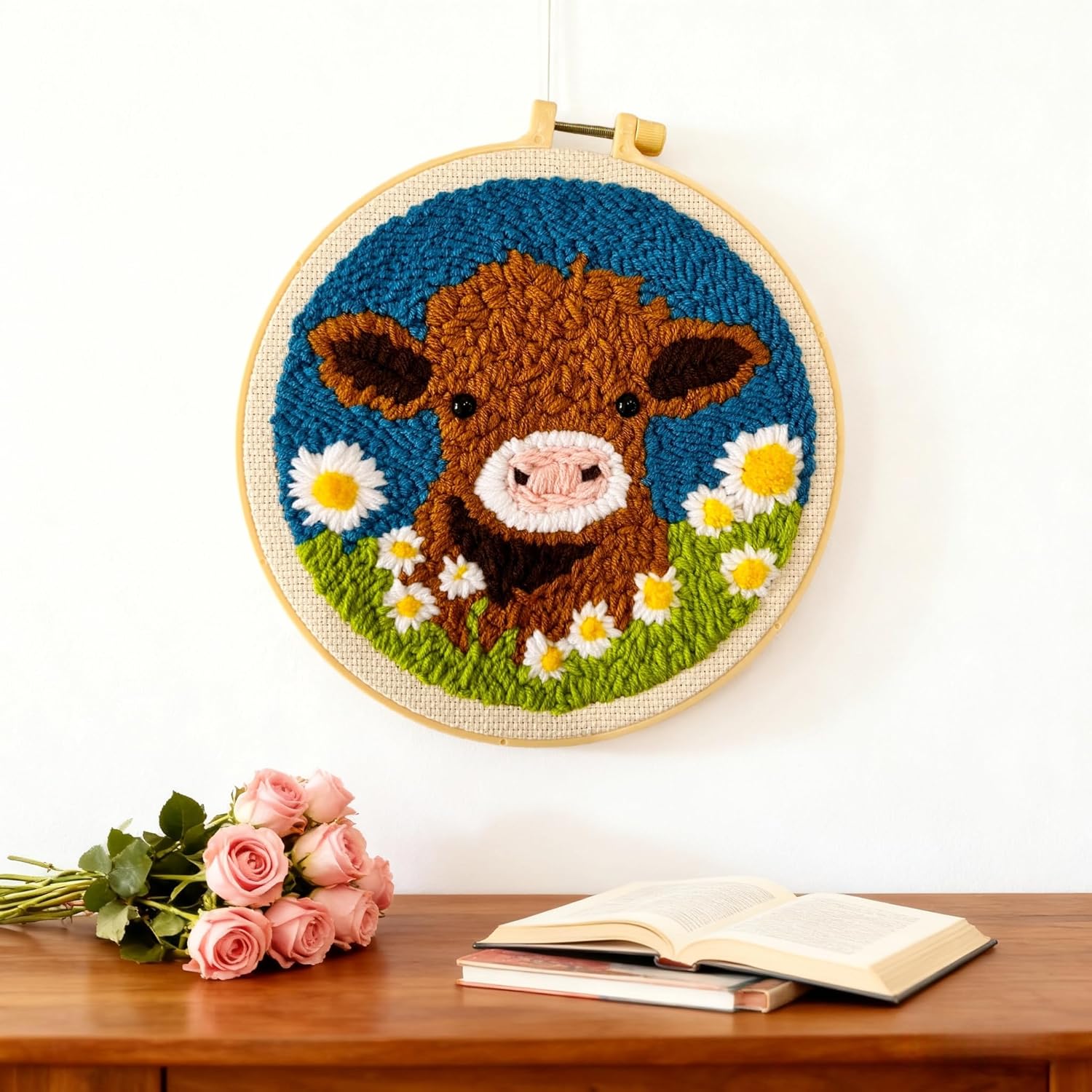 DIY Punch Needle Kits for Beginners Cute Cartoon Highland Cow with Daisy Flower with Hoop Embroidery Punch Needle Starter Craft Set Easy for Adults and Children Festival Gift and Decoration 20x20cm-1 image 5