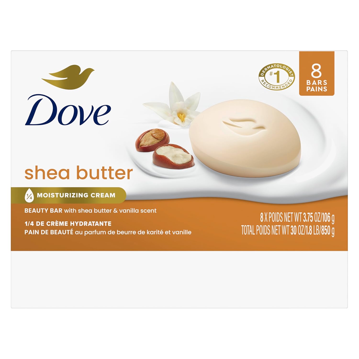 Dove Beauty Bar Soap Shea Butter, 8 Bars for Nourished, Radiant Skin, Enriches Skin 3.75 oz image 2
