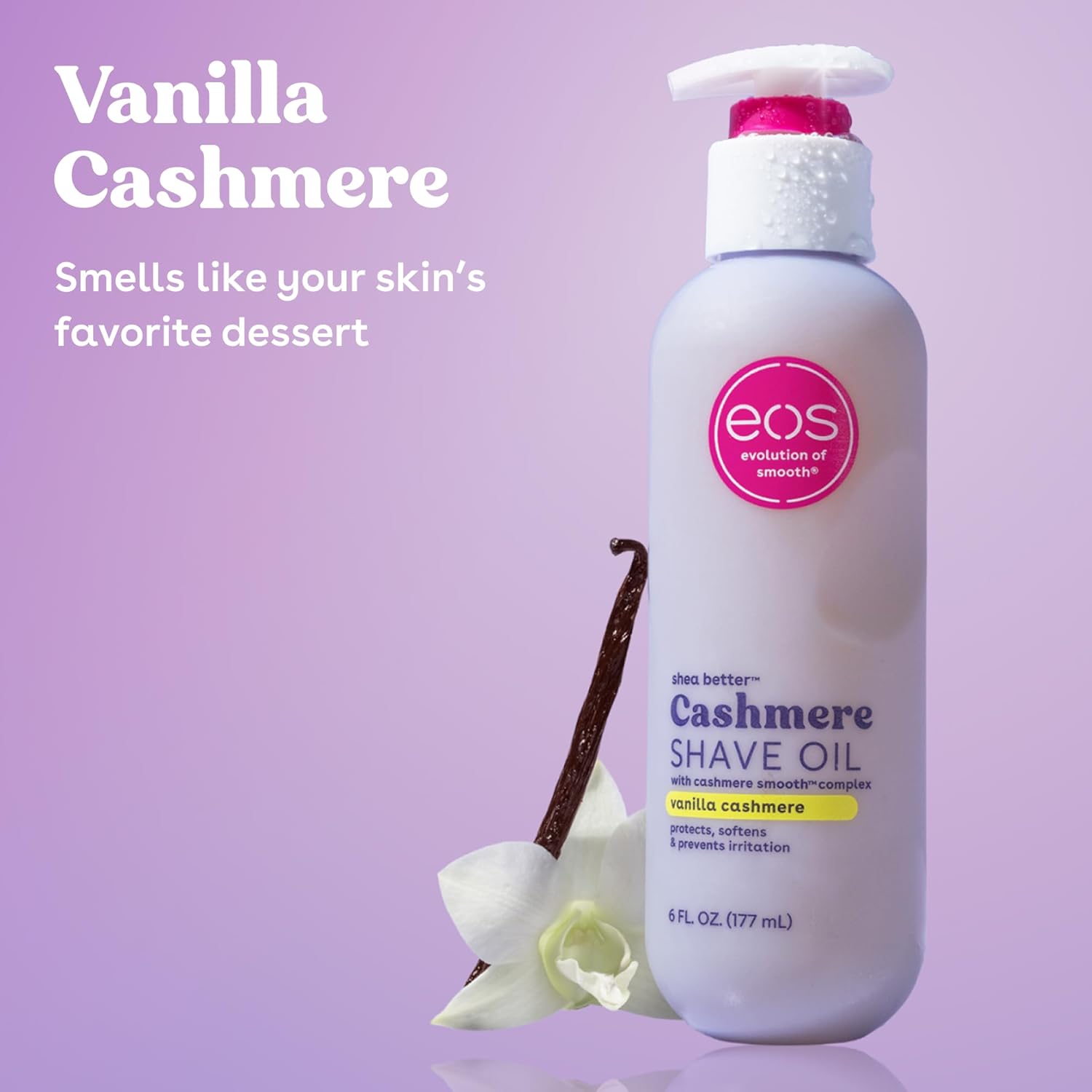 eos Cashmere Shave Oil – Vanilla Cashmere, Moisturizing Shave Oil with Shea Butter & Glycerin, Helps Prevents Irritation & Razor Burn, Vegan, 6 fl oz image 2